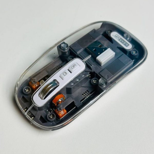 "GearUP WM30 Transparent Crystal Wireless Mouse in gray, featuring 2.4G and Bluetooth connectivity, magnetic design, ergonomic shape, and smooth precision tracking for computers and laptops"