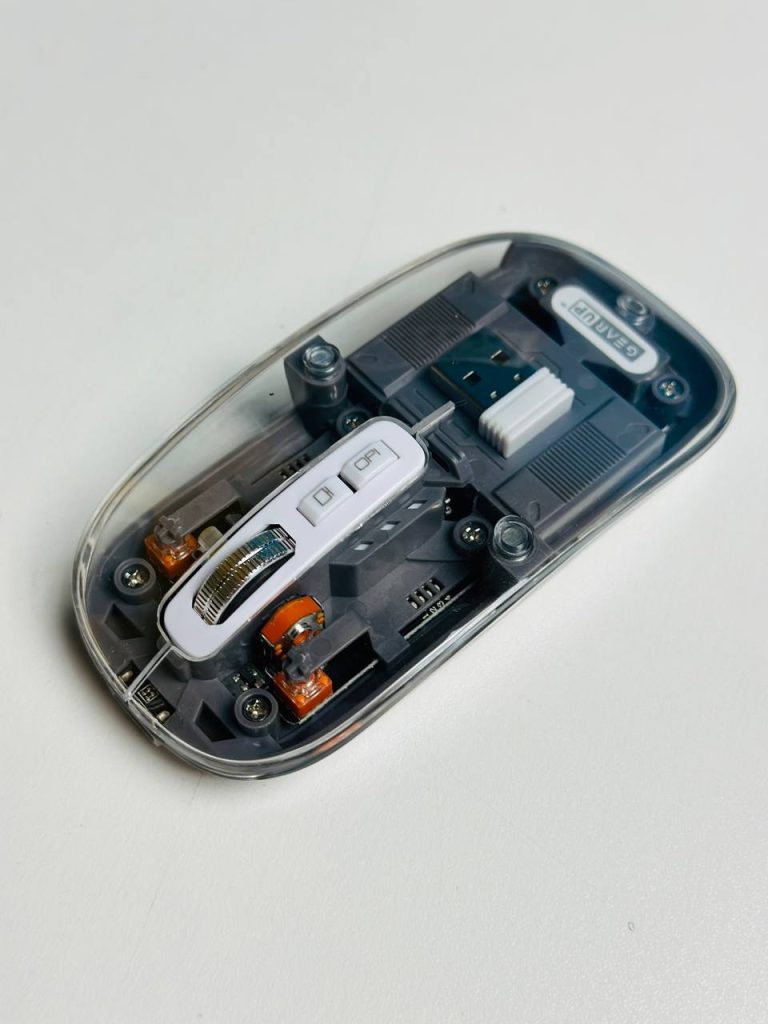 "GearUP WM30 Transparent Crystal Wireless Mouse in gray, featuring 2.4G and Bluetooth connectivity, magnetic design, ergonomic shape, and smooth precision tracking for computers and laptops"