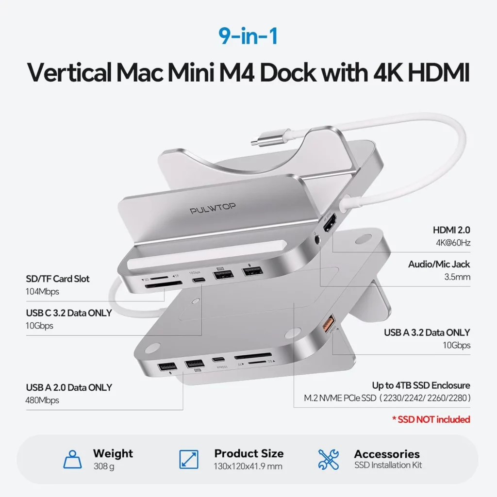 PULWTOP BS212D 9-in-1 Mac mini M4 Dock with SSD Enclosure, HDMI 4K & USB-C 10Gbps (SSD NOT Included) 3 PULWTOP BS212D 9-in-1 Mac mini M4 Dock with SSD Enclosure, HDMI 4K & USB-C 10Gbps (SSD NOT Included) - Image 3