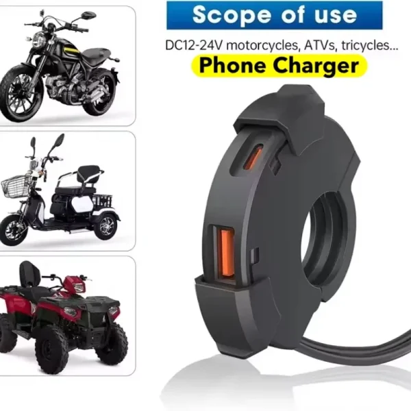"Universal Motorcycle Handlebar Phone Fast Charger, compatible with all smartphones, sturdy mount for handlebars, quick charging feature, weather-resistant design for safe riding"