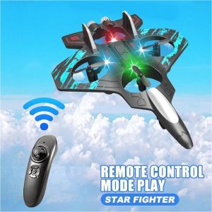 Remote control starfighter drone plane with LED lights, lightweight design, and long flight range for kids and adults.