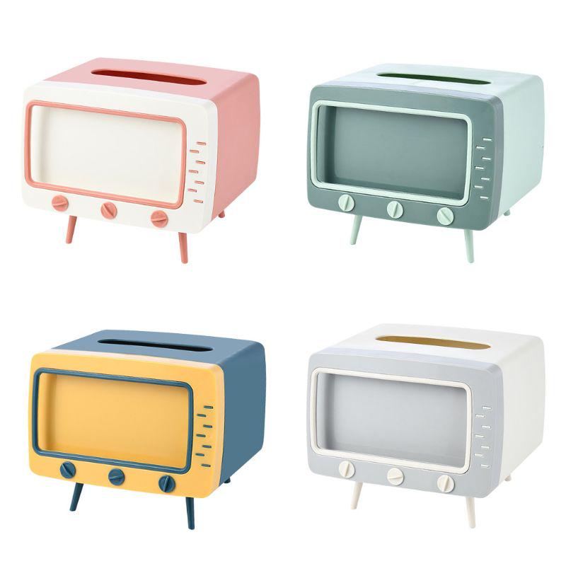 Retro 2 in 1 desktop TV-shaped tissue box and mobile holder, creative home and office decor accessory.