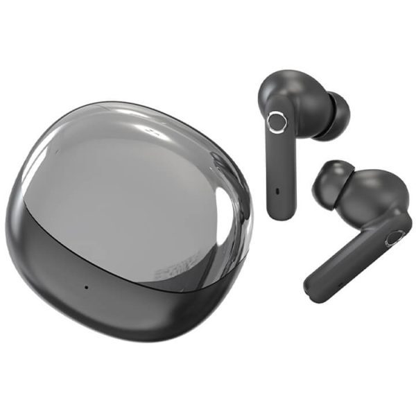 Valdus VTS-200 Noise Cancelling Earbuds with transparent charging case, Bluetooth 5.4, low-latency mode, and 10mm dynamic drivers.